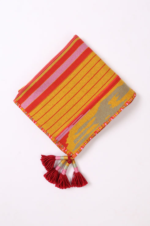 Shawl in striped jacquard cotton blend with tassels